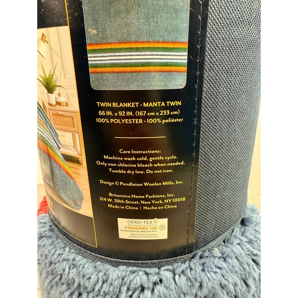 SOLD***NWT Pendleton Serape Stripe Blue Blanket Plush Manta Twin 66” x 92” - Picture 7 of 12